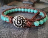Turquoise Boho leather wrap bracelet - Country Luck - aqua blue, lucky horseshoe equestrian horse lover cowgirl southwestern boho chic