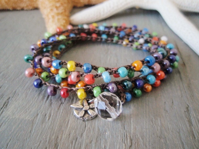 Multi color crochet wrap bracelet necklace 'Summer Sol' sterling silver sun flower dangle, tropical colorful surfer chic beach boho