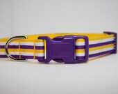 Dog Collar - Purple Yellow White stripes - LSU - purple buckle