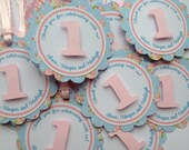 Shabby Chic First Birthday Favor Tags - Baby Girl - Tiny Pink Roses- Baby Blue Il_170x135