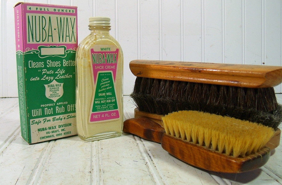 Vintage Shoe Shine Collection - 5 Piece Set of Retro Supplies - 3 Brushes NubaWax Bottle & Box