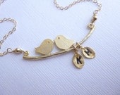 Love Birds with Initial Leaves and Gold Filled Chain -- Personalized Necklace
