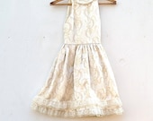 upcycled jessica mcclintock flower gir  junior bridesmaid party eco lace golden sparkle satin rose ecru prairie girl wedding couture dress