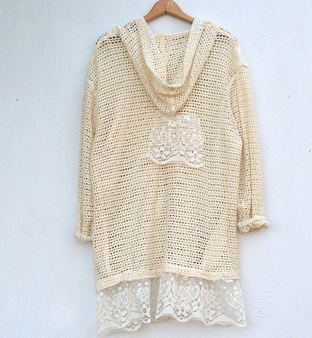 ecru crochet cotton XL hoody hoodie romance gypsy natural vintage lace roses boho cowgirl winter love