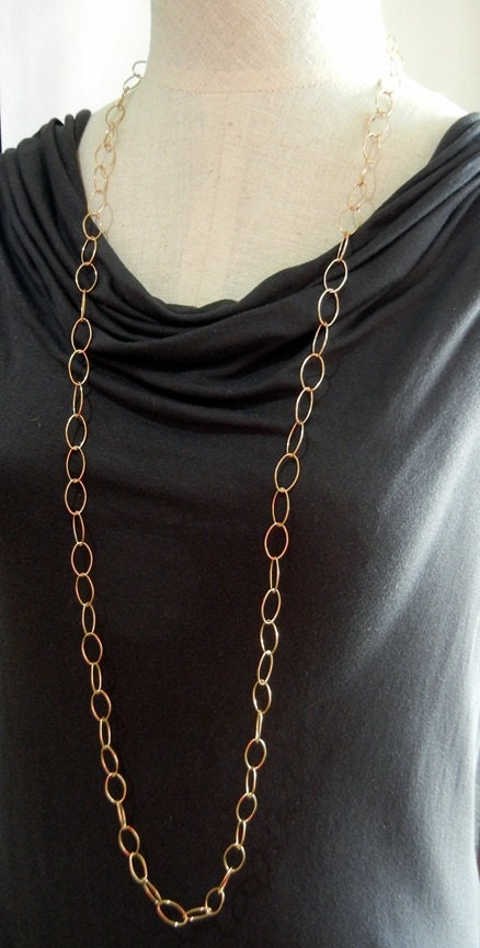 Very Long Gold Link Chain Necklace, Solid Brass, Oval Links by E. Ria Designs