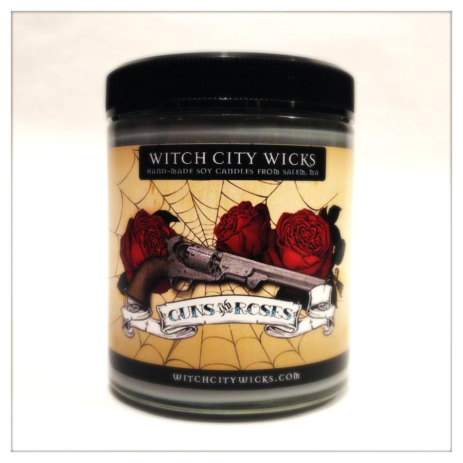 Guns and Roses gunpowder and rose scented soy candle 6oz. jar