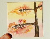 Original lovebirds mini canvas, whimsical folk art painting, cute pair birds