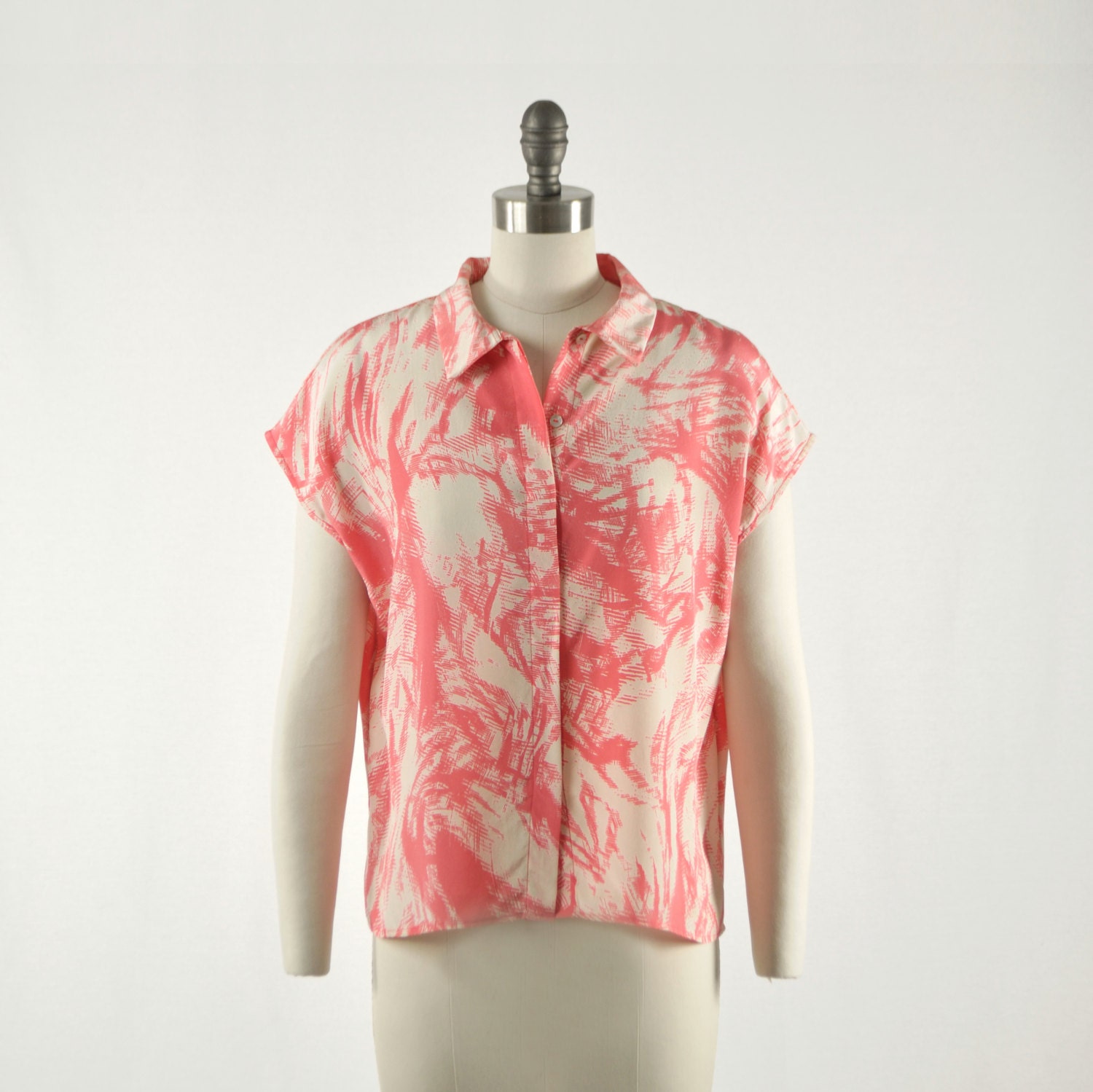 Camille Silk Floral Ikat print button down blouse shirt top