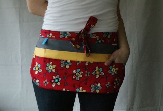 Utility Apron/Teacher Apron with 8 pockets and loop in red grey mustard teal blue floral fabric