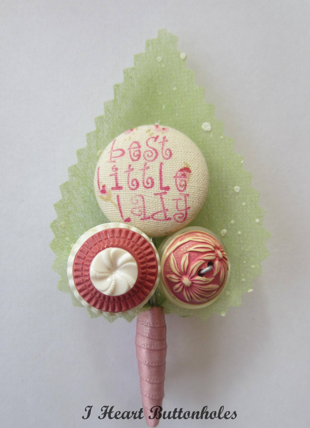 Best Little Lady Button Buttonhole / Boutonnière for Wedding Felt Leaf Background