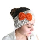 warm knit headband, Bow Headband ,Ear warmer, knitting, gift,  winter trend ,fashion,  Christmas, Pearl and orange