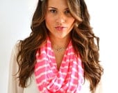 NEON PINK and White Nautical Stripes Silky Infinity Loop Circle Eternity Summer Scarf Sailor Chunky Jersey Mint Scarf