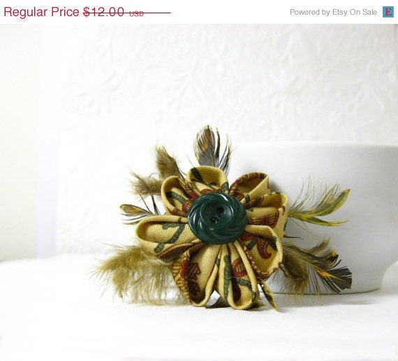 Mothers Day - Japanese Folded Flower Hair Clip Tan Green n Brown