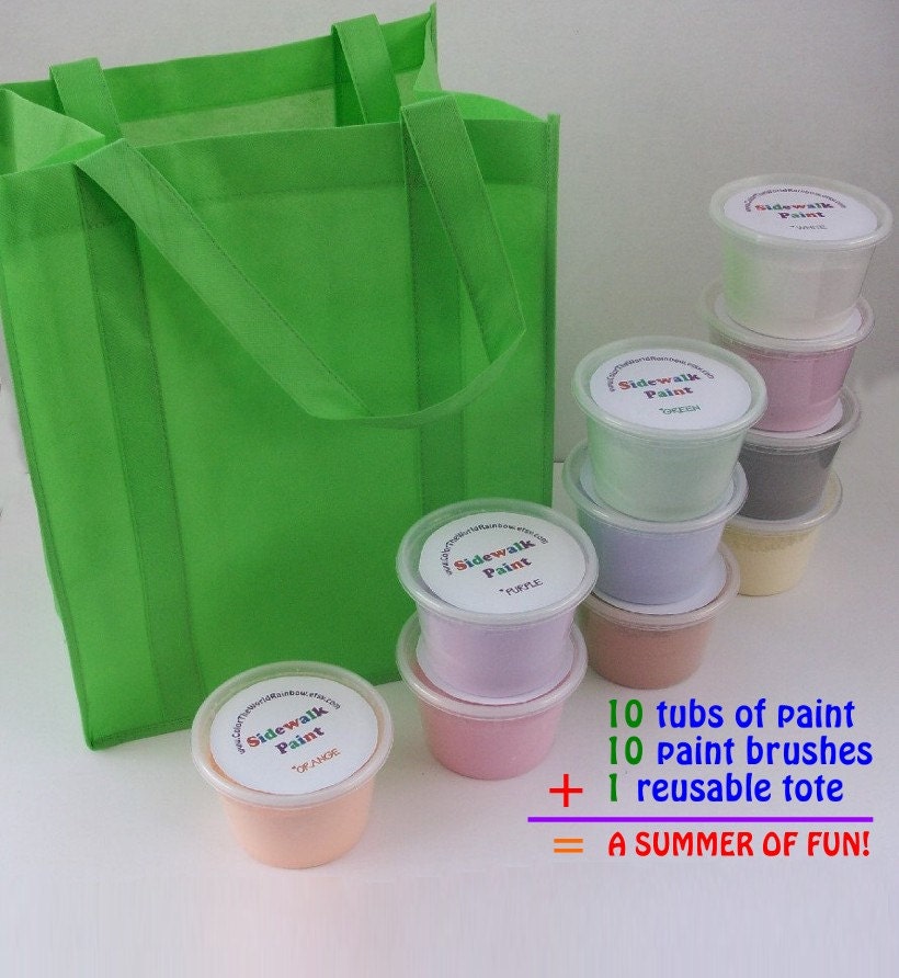 Bulk Sidewalk Chalk Paint- Summer Supply - 10 Colors, 10 Brushes,1 Reusable Tote Bag