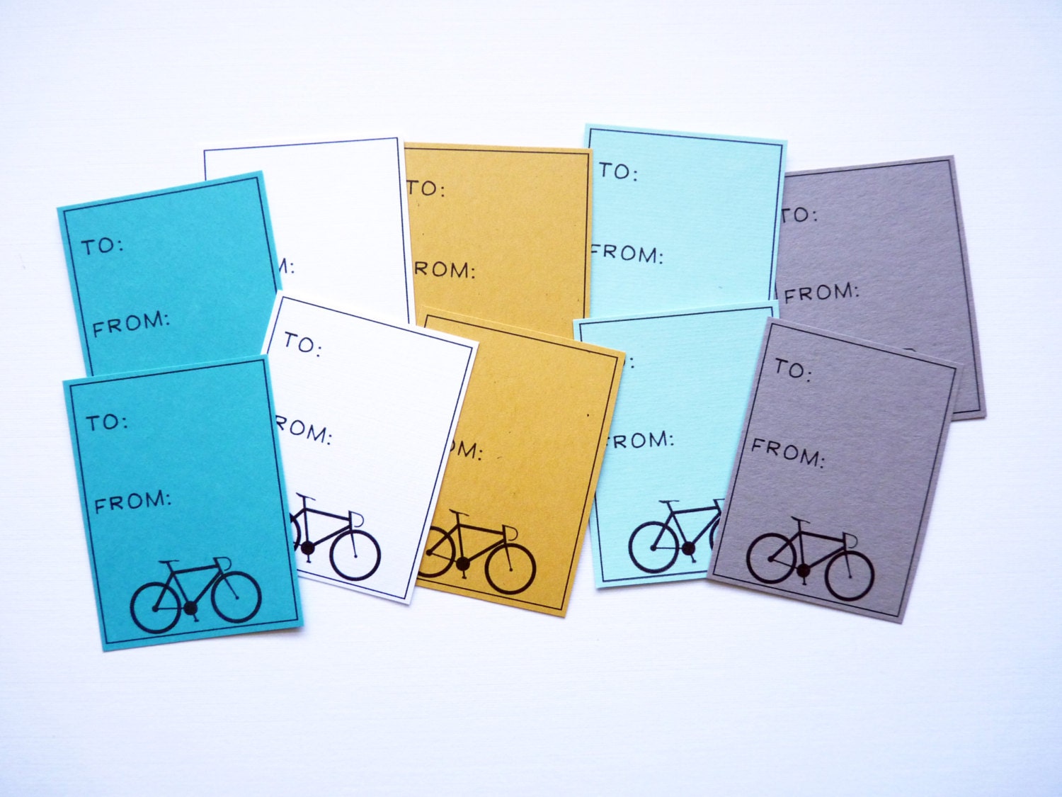 Colorful Bike Tags - Set of 10 Cardstock Blue, Teal, White, Yellow, Gray Rectangular Bike Gift Tags