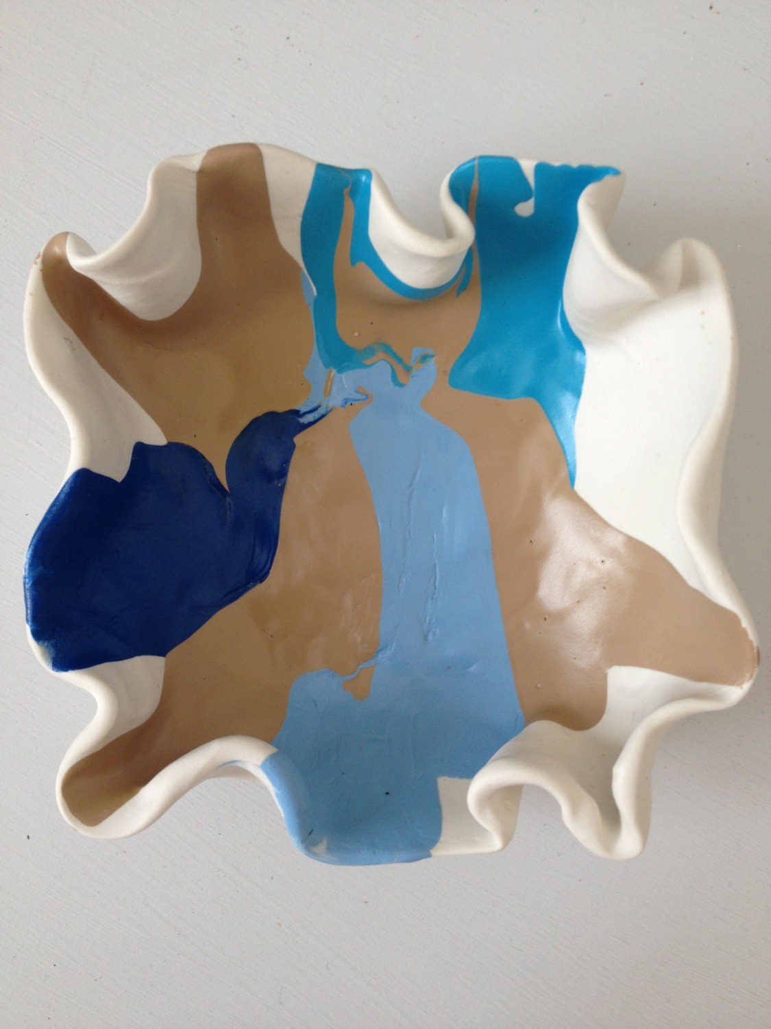 Beach style blue, tan, turquoise and light blue handpainted polymer clay decorative square bowl, beach decor