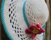 CROCHET PATTERN - Aloha - a wide brimmed sun hat with flower in 4 sizes (Child - Adult L) - Instant PDF Download