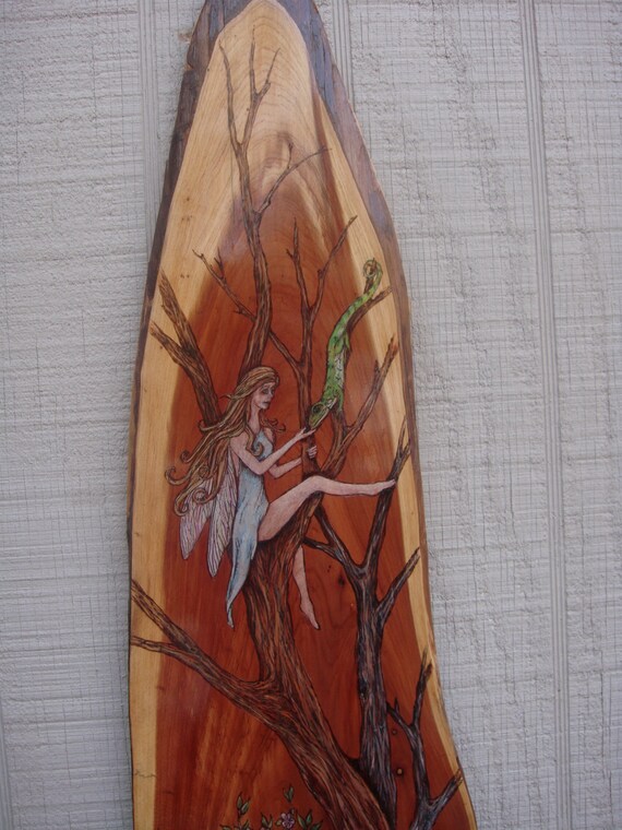 wood burning pyrography on cedar plank Fairy by ADragonflysFancy
