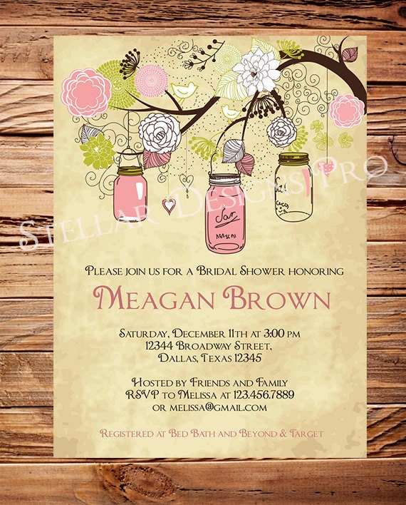 Vintage Mason Jars Invitation, Vintage Bridal Shower Invitation, Wedding Shower,  Mason Jars, Branches, Turquoise, Brown (6121)