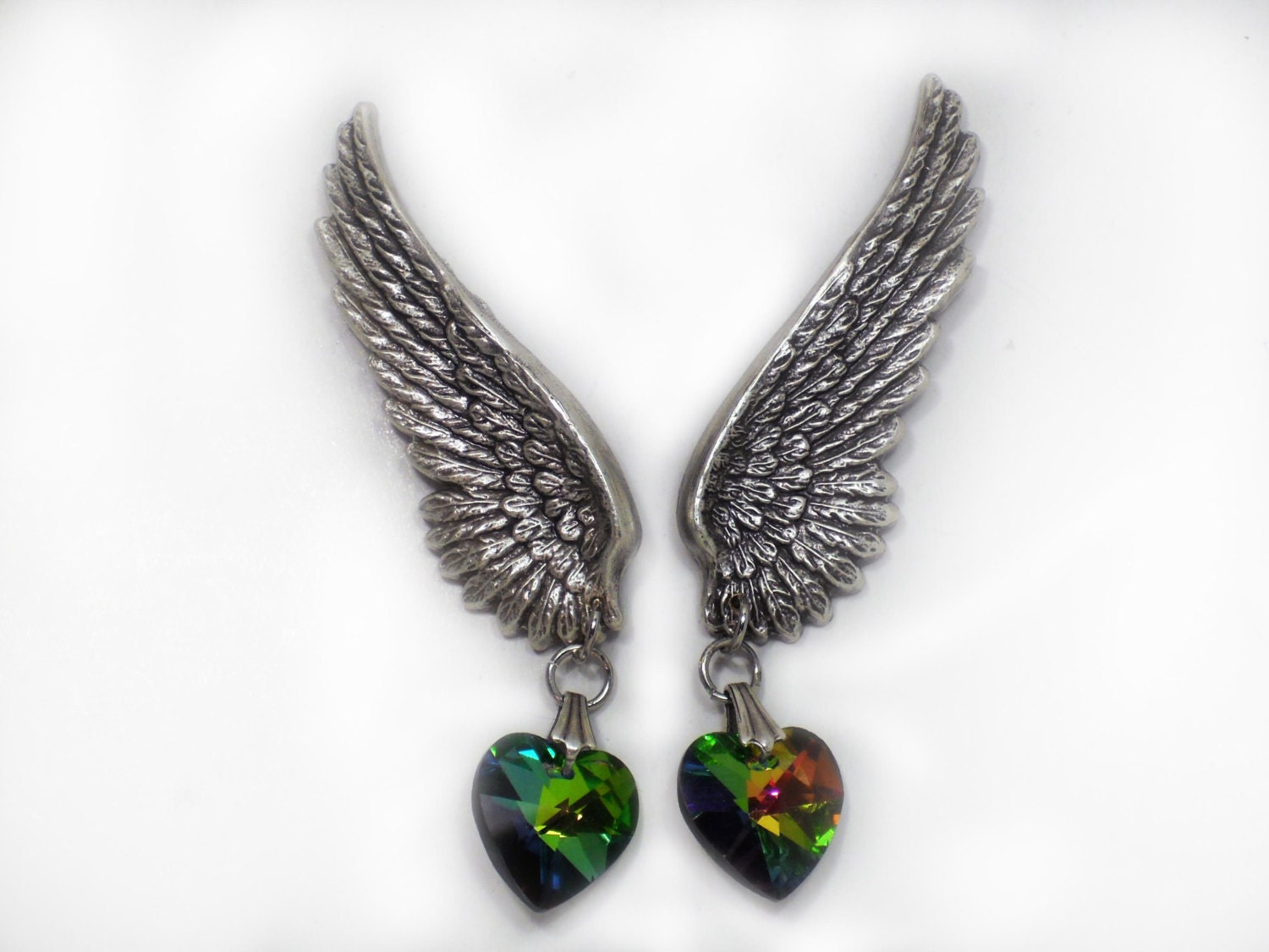 Angel Wing Dangle Earrings - Silver Plated Clip on Earrings with Vitrail Heart - Victorian Gothic Steampunk Jewelry