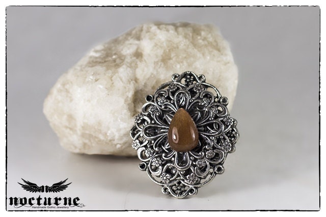 OOAK Brown Sunstone Filigree Brooch - Silver Plated Womens Victorian Brooch - Victorian Gothic Jewelry