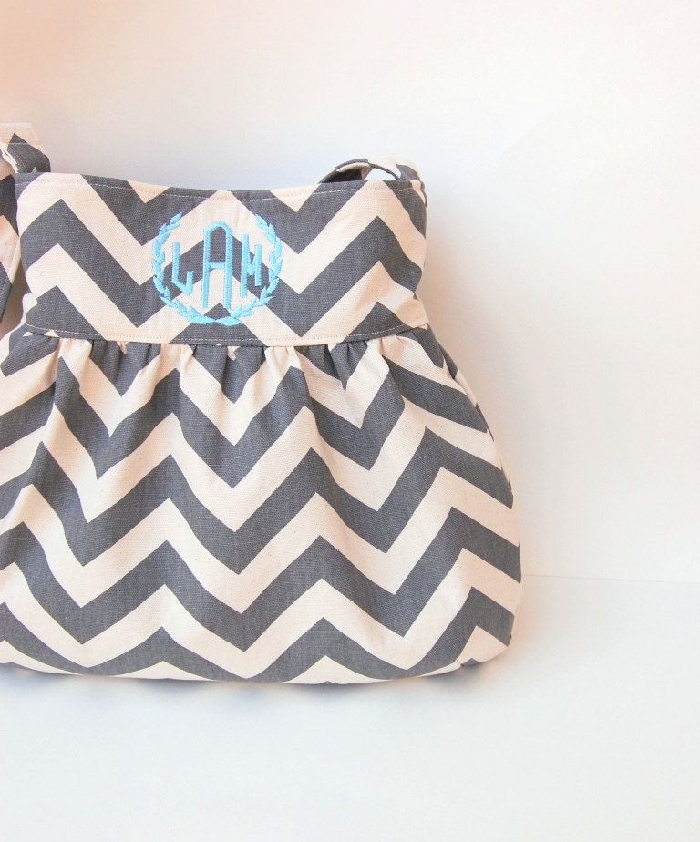 Monogrammed Chevron Gathered Hobo Purse - Charcoal Gray - MADE to ORDER - Adjustable Strap Option - Messenger Bag - Crossbody