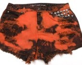 Waist  31  inches  ---Ready to Ship----Black & Orange  Hand Dyed Studded  Denim  Shorts