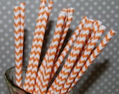 Chevron Straws - 100 Orange  paper straws & Flags - chevron stripe drinking straws - zig zag cake pop sticks vintage party straws