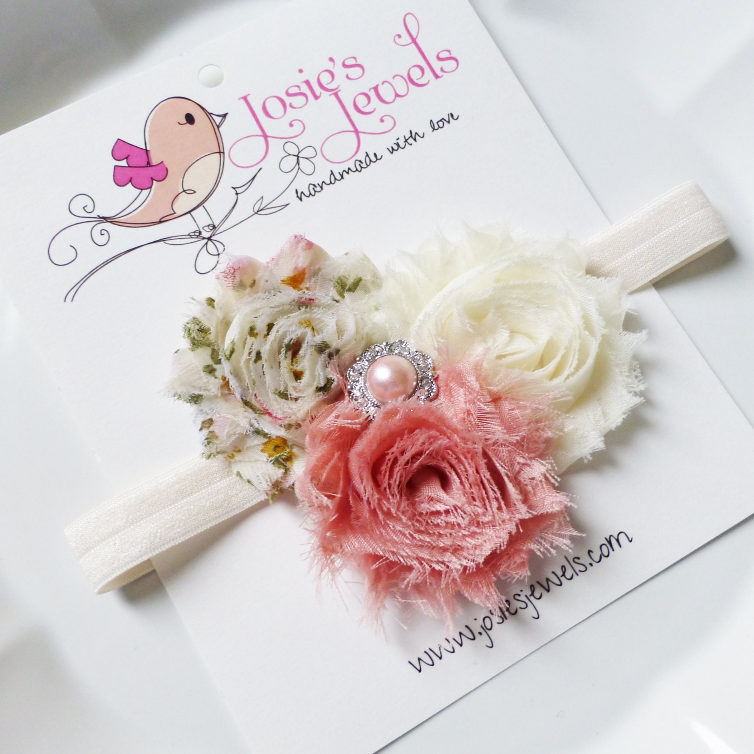 Ivory & Coral SPRING EASTER Triple Shabby Chic Rosette Infant Toddler Girls Headband
