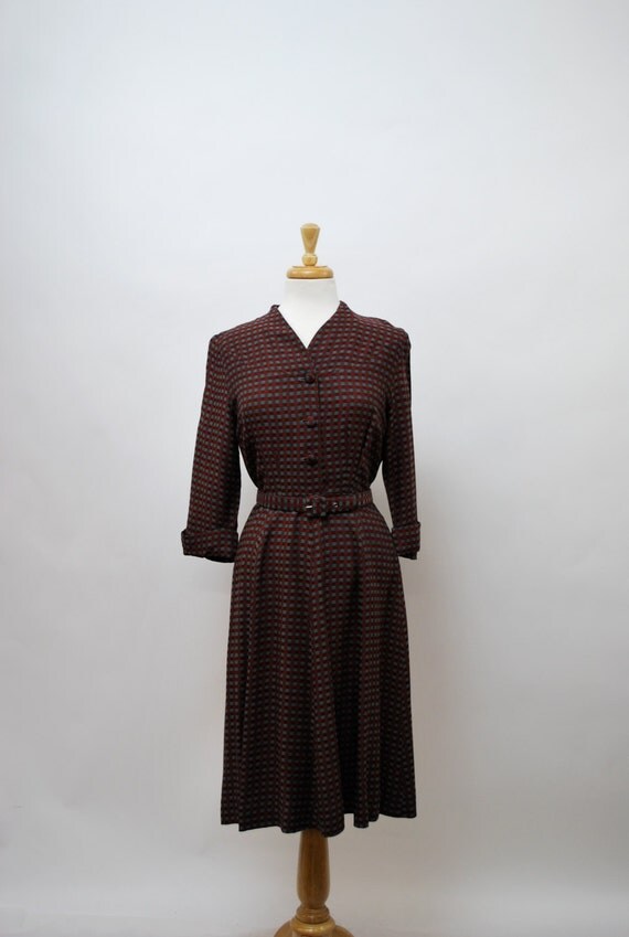 1940's Red and Grey Checkered Dress - 28 inch waist - Medium