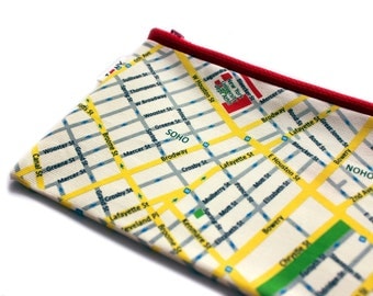 NEW YORK pencil case, zipper pouch wallet, a souvenir from New York, zipper pouch with red zipper and a map pattern of New York city