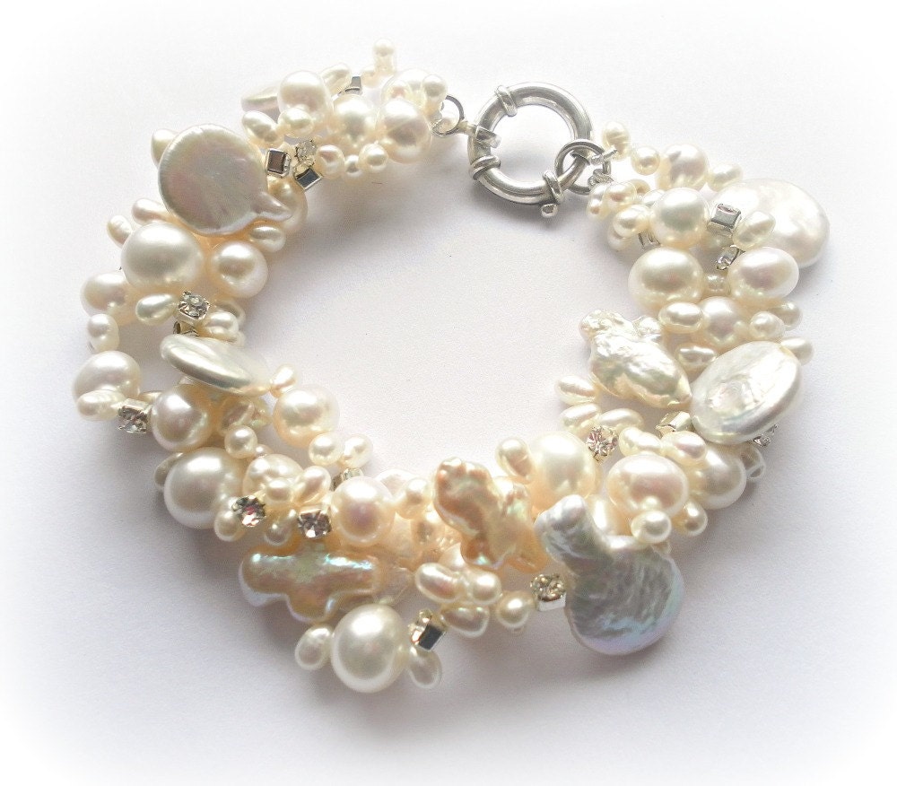 Pearl wedding bracelet - bridal bracelet- wedding jewelry, white-Freshwater pearls, silver  clasp- 3 Twisted Strands- For Brides Bridesmaids - anamarina