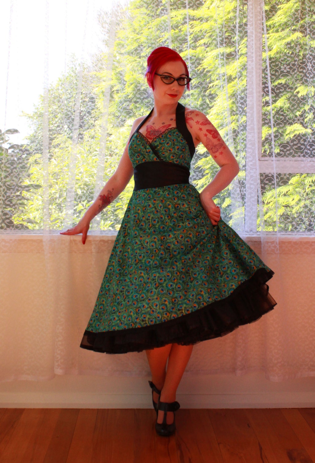 1950s "Madison"  Peacock Feather Dress and Black Satin Trim with Petticoat - Custom made to fit