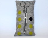 Scissors and Dots Pillow / handmade, needlepoint