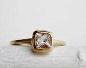 14K Yellow Gold Square White Topaz Ring, Engagement Ring