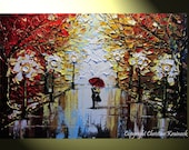 CUSTOM Art Abstract Painting Trees Couple Red Umbrella Rain Landscape Textured Modern Palette Knife Spring MADE to ORDER 24x36" -Christine