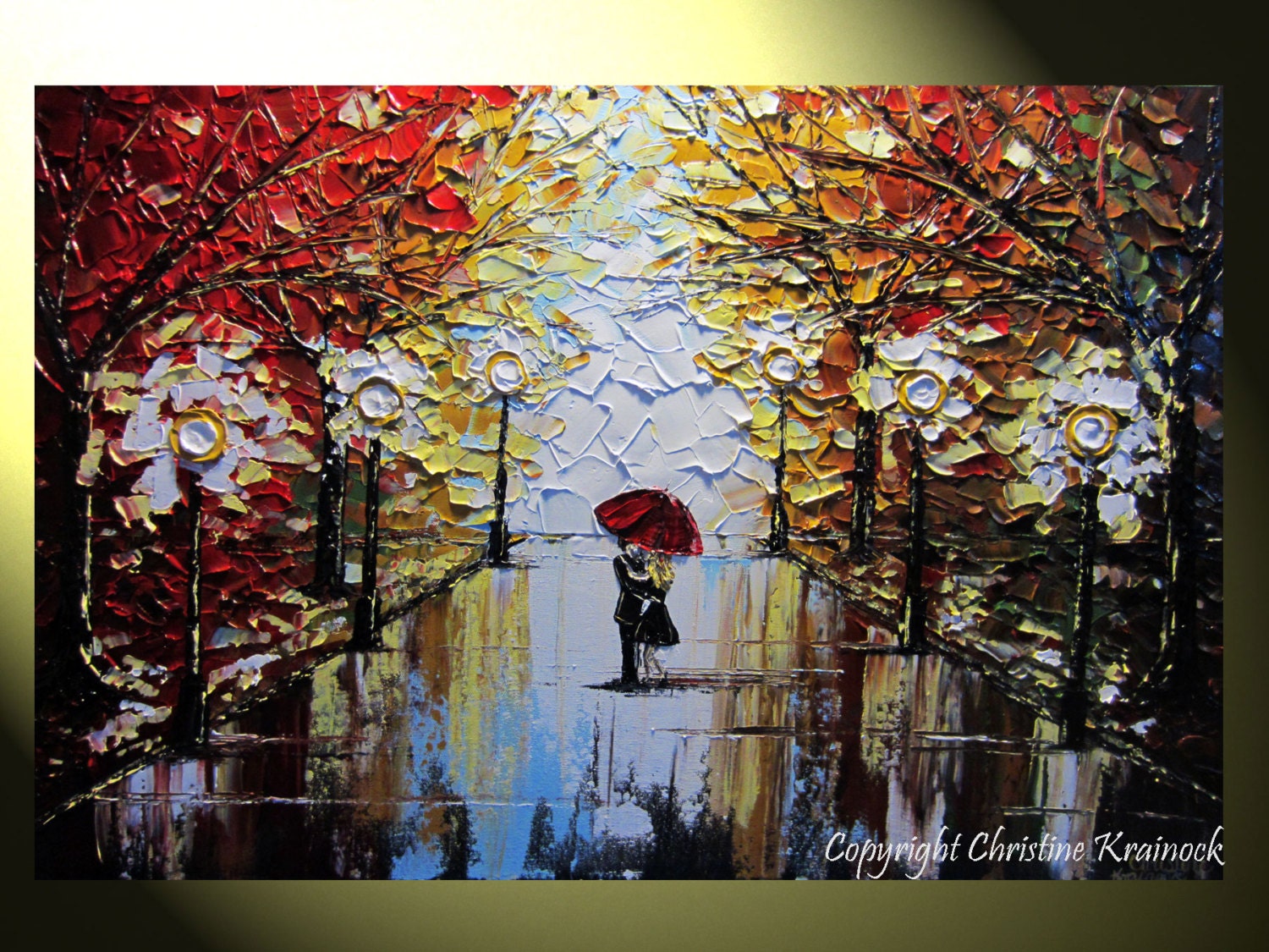 CUSTOM Art Abstract Painting Trees Couple Red Umbrella Rain Landscape Textured Modern Palette Knife Spring MADE to ORDER 24x36" -Christine