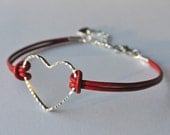 Silver Sparkle Heart Bracelet with Red Leather, Stacking Bracelet