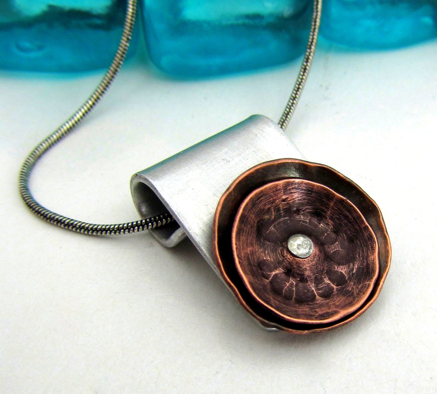 Mixed Metal Necklace - Hand Stamped Jewelry - Riveted Cold Connection with Copper Poppies - Rustic Metalwork Necklace (104)