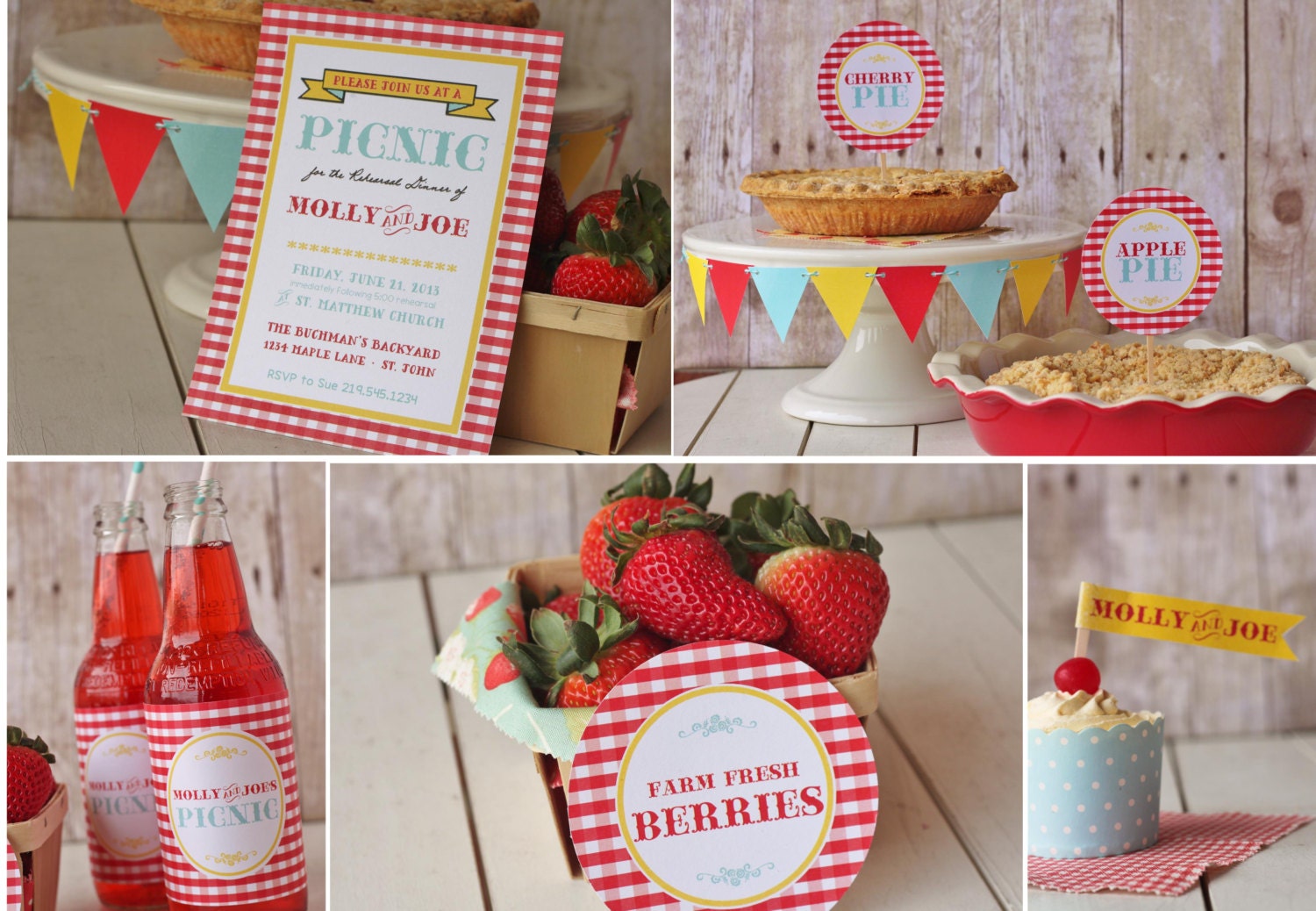 DIY Printable Picnic PARTY SET-Red Aqua Yellow - Retro- Rehearsal Dinner, Birthday Party, Shower Il_170x135