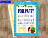 DIY Printable Pool Party Invitation with patterned back design - colorful - fun - modern - water - bright Il_170x135