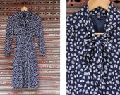 Vintage Navy Printed Leaf Dress with Ascot