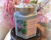 Soy Candle, Hydrangea Heaven, 9 ounce Hexagon Jar, Light Blue, Hemp, Cotton or Wood Wick