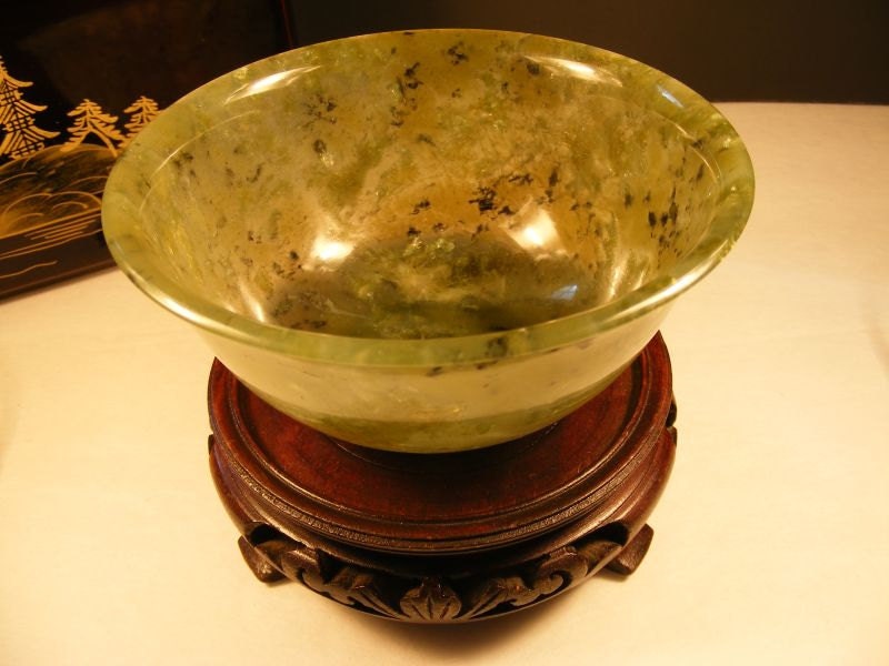 Vintage Chinese Jade Bowl With Rosewood Base
