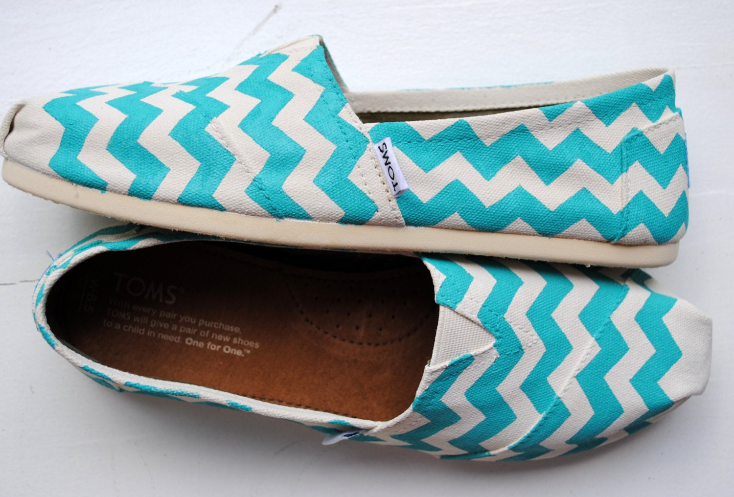 Womens Custom Hand Painted TOMS White and Teal Chevron Design