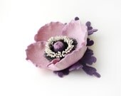 Felt brooch flower light lilac poppy with violet leaves - ready to ship