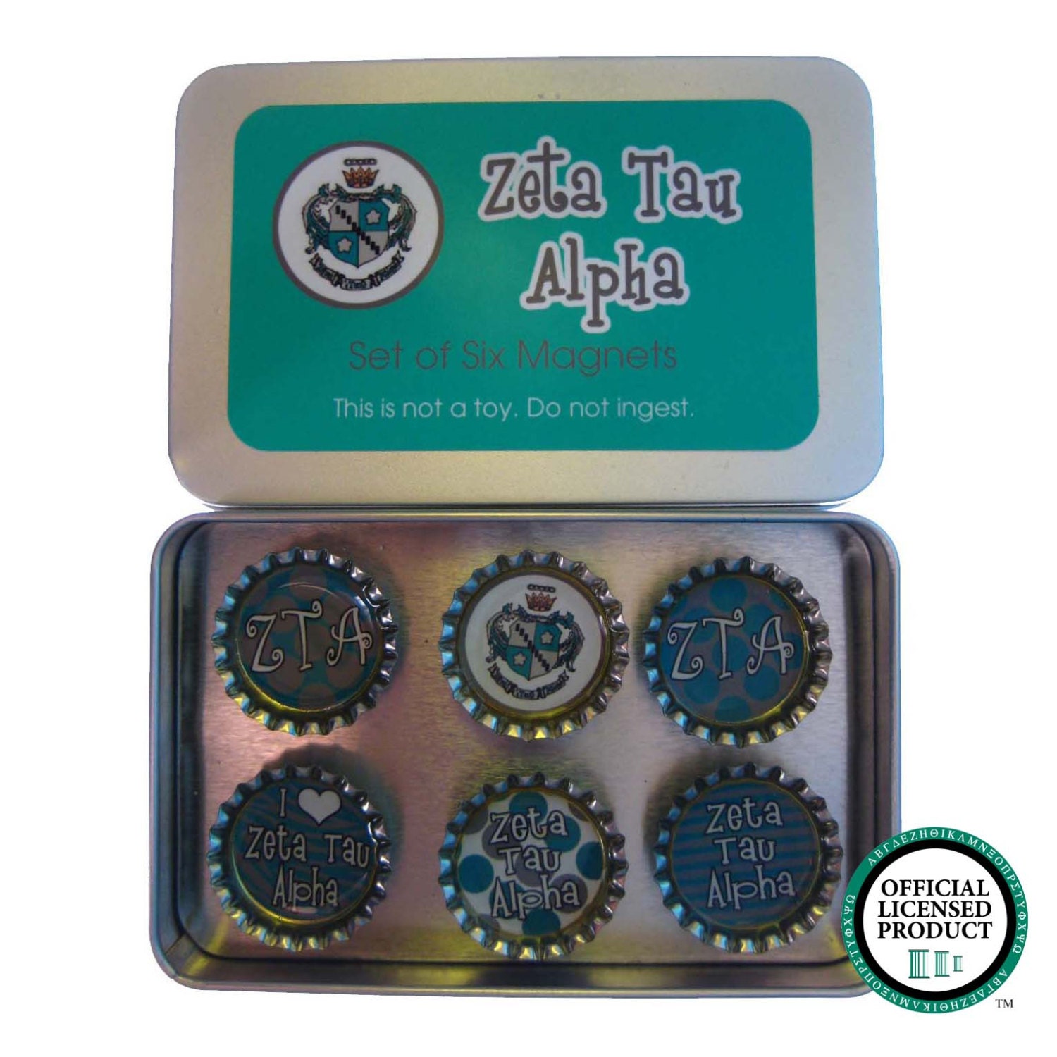 ZTA Zeta Tau Alpha Sorority Bottle Cap Magnet Set of Six in Gift Tin
