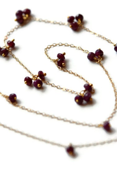 Natural Ruby Cluster Necklace, Deep Raspberry Red Faceted Rondelles, Delicate 14k Gold Chain