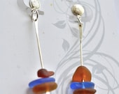 Genuine Blue and Amber Sea Glass Sterling Silver Stud Sand Dollar Earrings