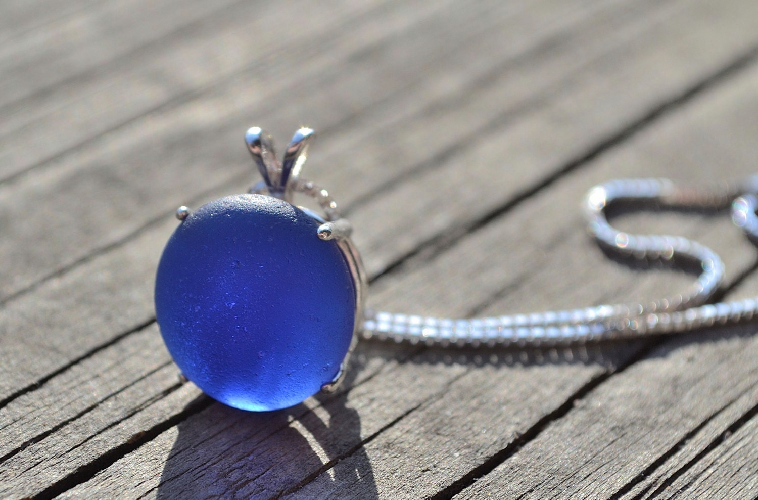 Blue Genuine Sea Glass Circle Pendant with Sterling Silver Mount with 18" sterling silver box chain